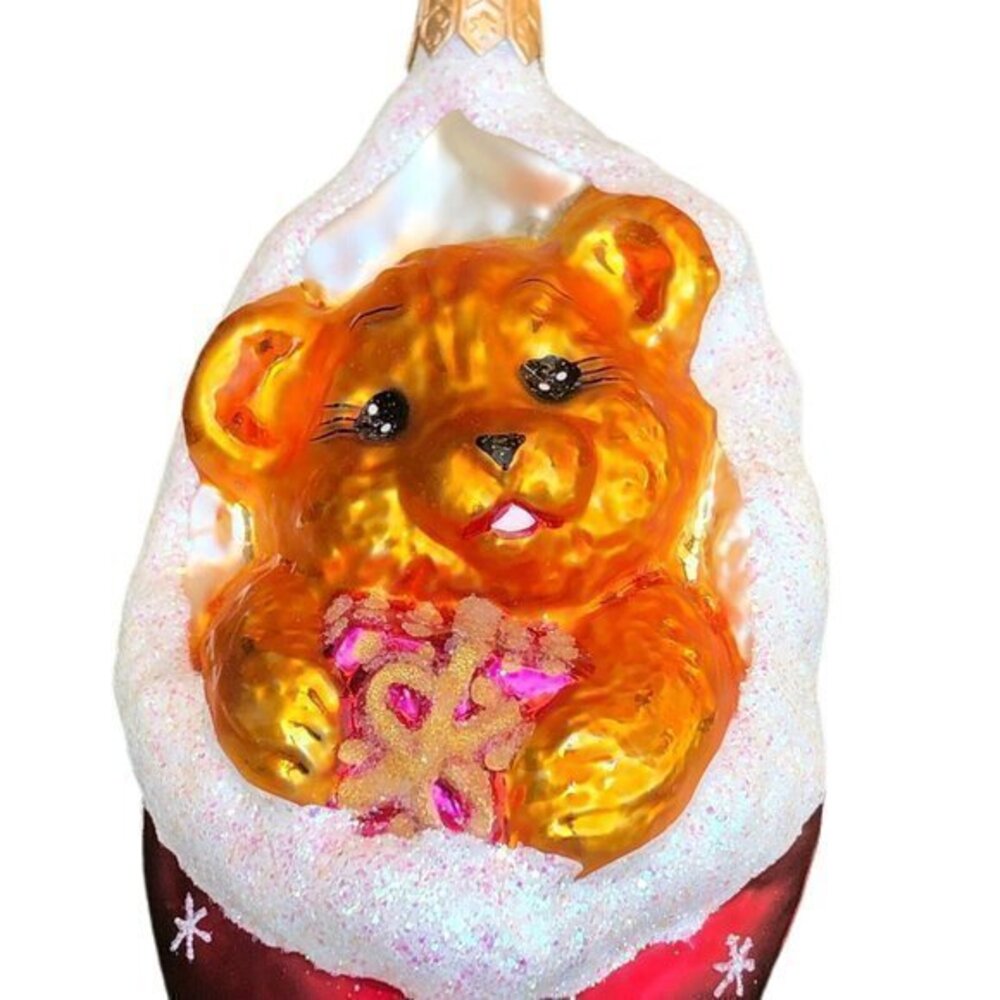 Christopher Radko Baby Bear Inside Christmas Stocking Glass Ornament